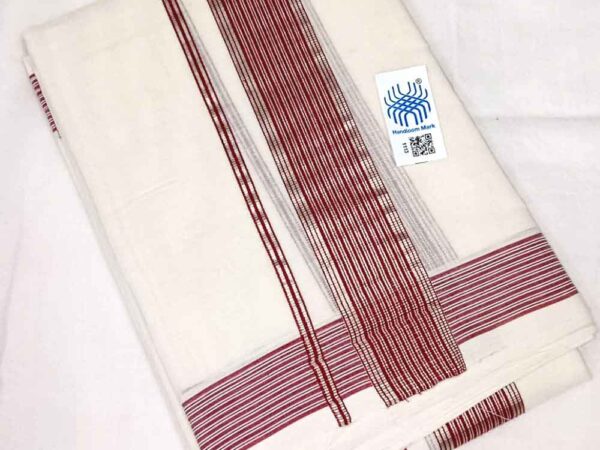 Kuthampully Double Mundu - Brown & Silver Lines