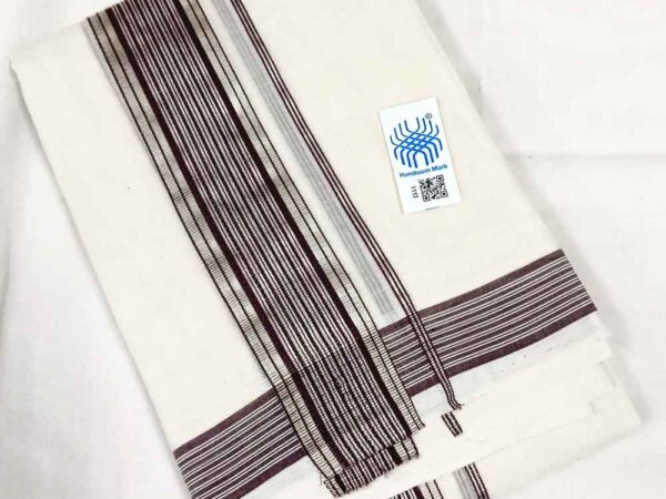 Kuthampully Double Mundu - Coffee Brown & Silver Lines