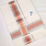 Kuthampully Double Mundu - Copper / Rose Gold & Silver Lines