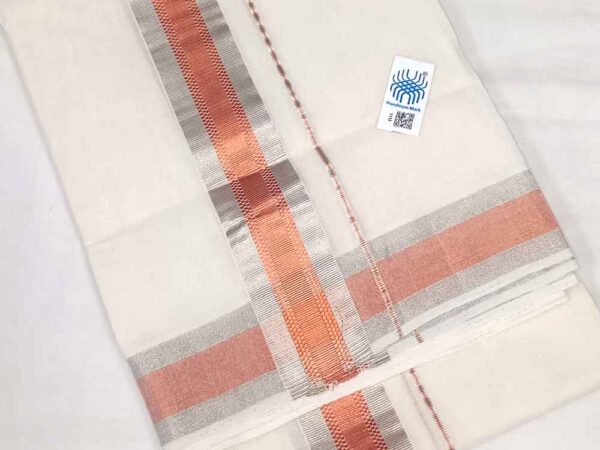 Kuthampully Double Mundu - Copper / Rose Gold & Silver Lines