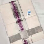 Kuthampully Double Mundu - Magenta with Broad Silver Line