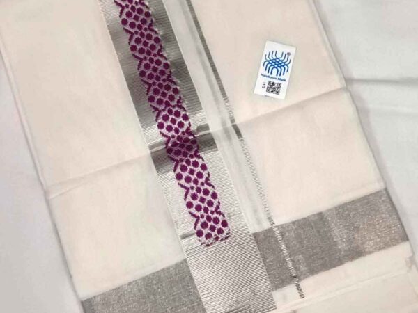 Kuthampully Double Mundu - Magenta with Broad Silver Line