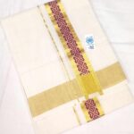 Kuthampully Double Mundu - Magenta & Gold Lines