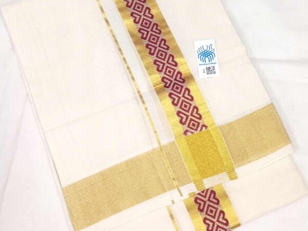 Kuthampully Double Mundu - Magenta & Gold Lines