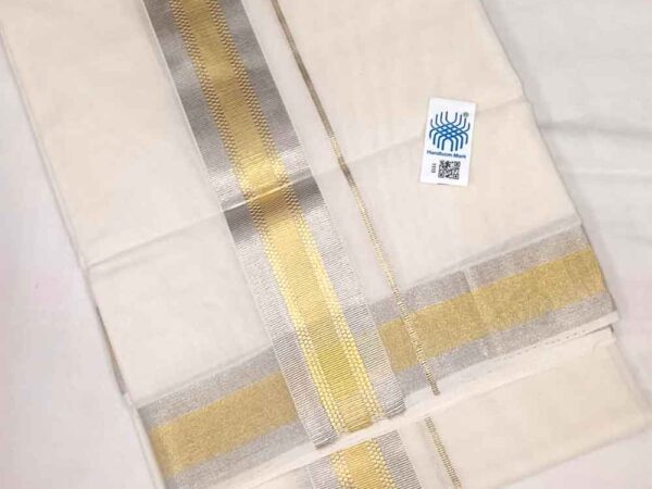 Kuthampully Double Mundu - Gold & Silver Lines