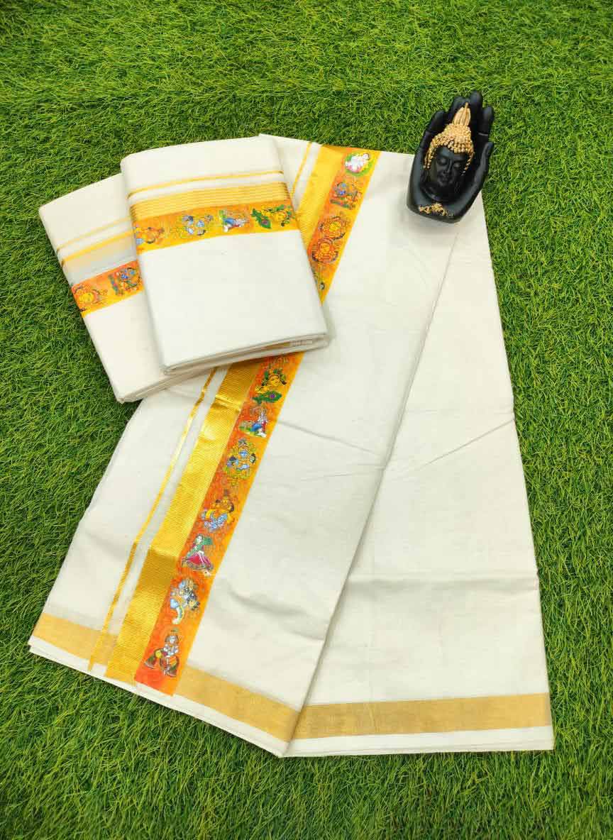 Kasavu-Dhoti-18-Radha--Krishna-print-3 Radha & Krishna Mural design - Cotton Double Mundu - Image 1