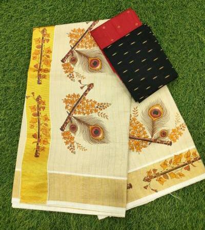 Vishu Special Golden Tissue Set Saree with Traditional Mural Print & Kasavu Border